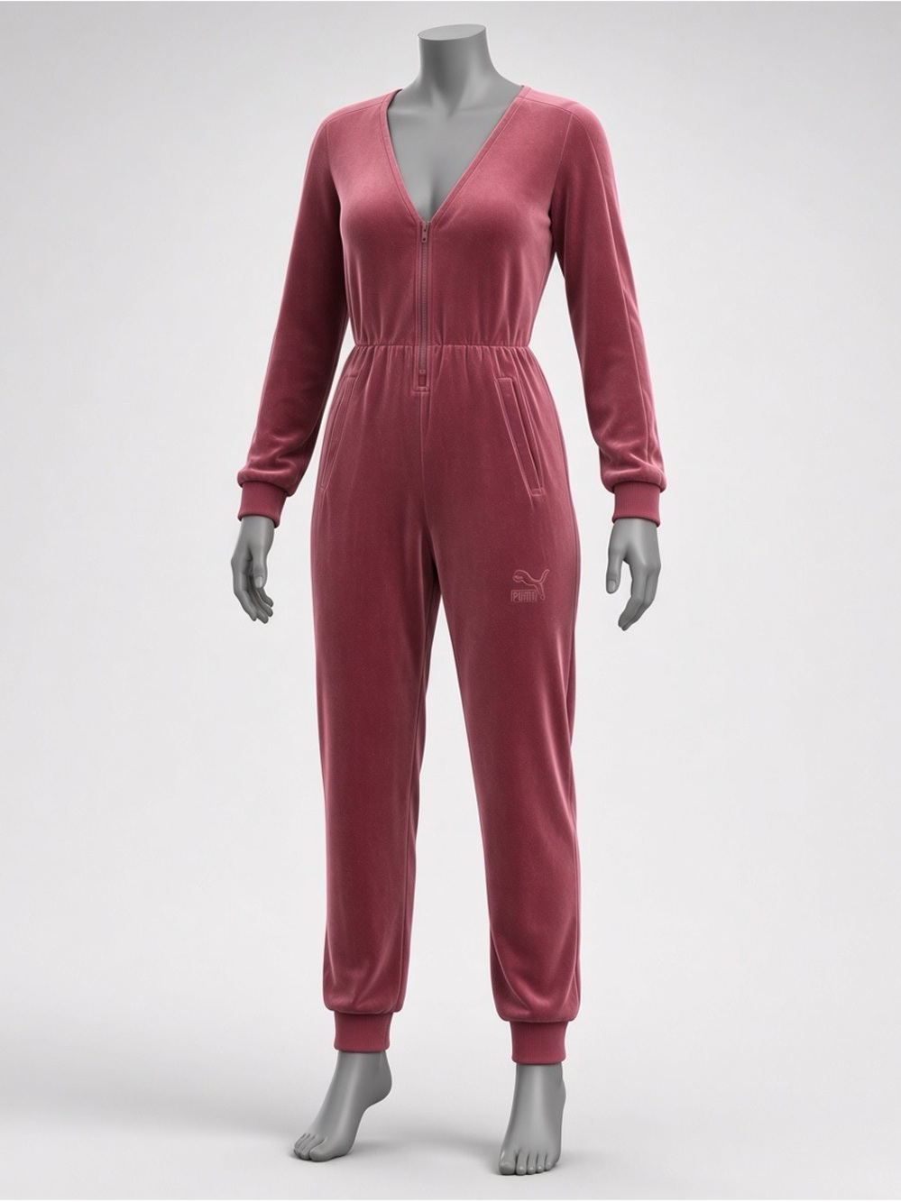 Puma Women's Dusty Rose Velour Zip-Front Jumpsuit